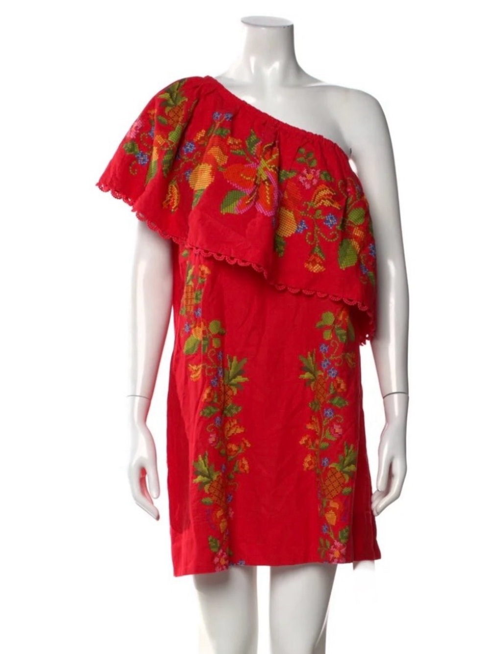 FARM Rio Red Tropical Embroidered One Shoulder Mini Dress L